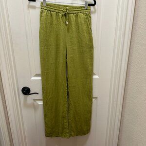 Zara 100% Linen Pants Size S Green Comfort Stretch Waistband With Drawstring